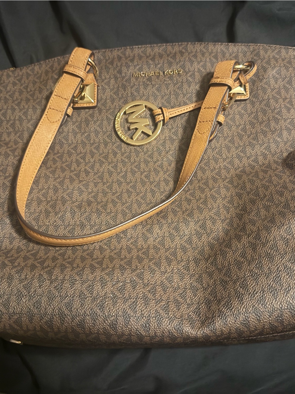 Michael Kors Brown Logo Shoulder Tote with Tan Straps
